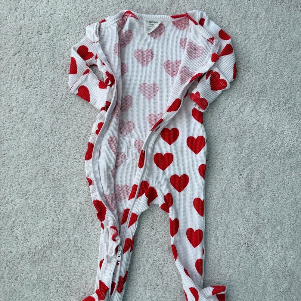 Spearmint Love Red Heart Waffle Knit Ruffled Footed One Piece - Picture 5 of 11